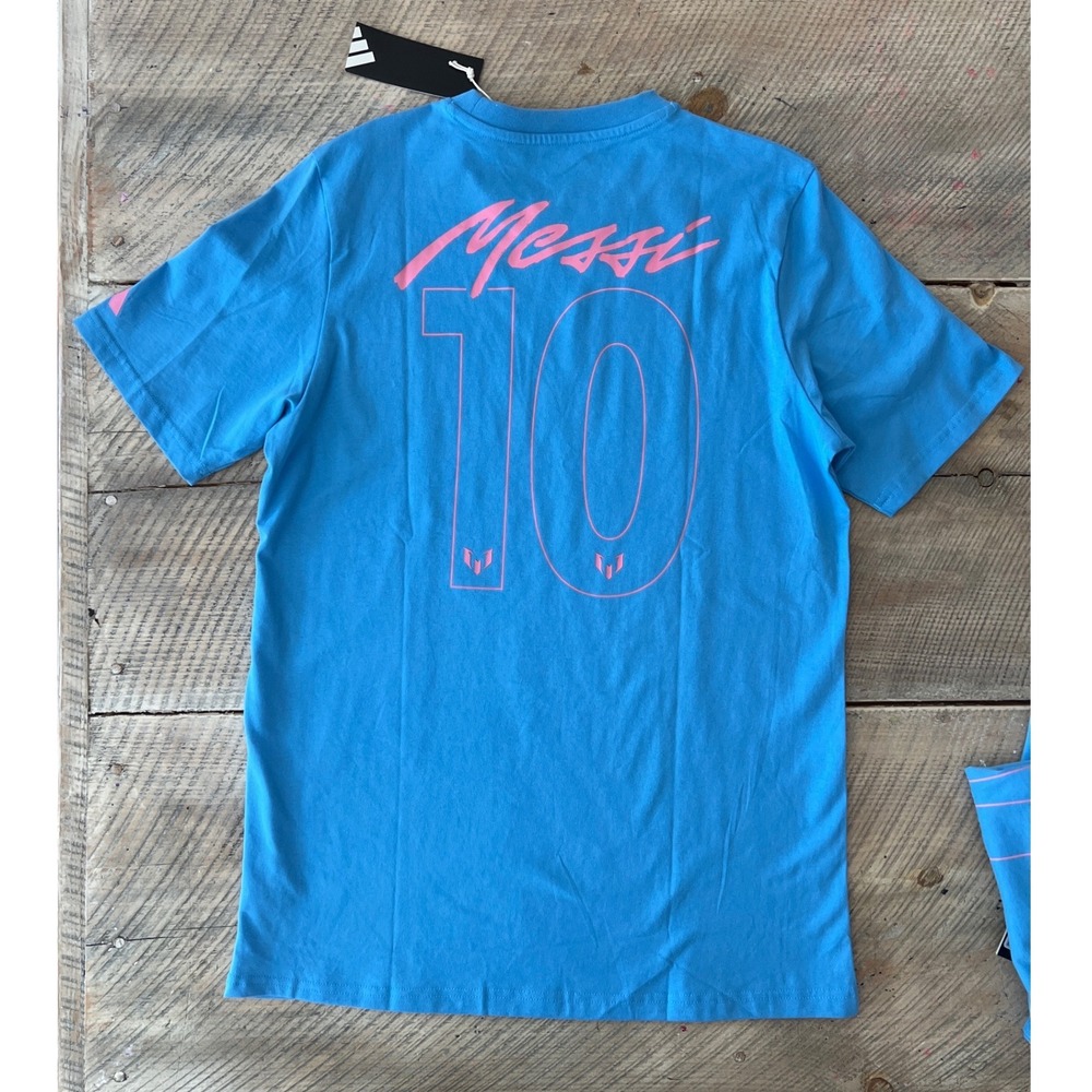 Adidas Messi Graphic T-Shirt Kids XL Blue Pink NEW Short Sleeve Soccer Tee